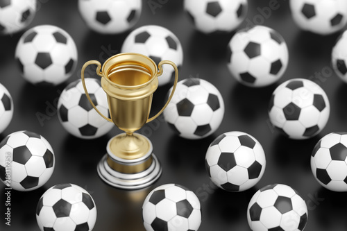 Soccer Cup Championship. Golden sports prize surrounded by soccer balls arranged in rows. 3D rendering illustration on the subject of the  Sports Games .