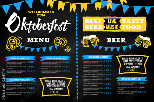 Oktoberfest pub menu template in a modern style with hand drawn Oktoberfest chalk inscription, buntings garlands, beer mugs and pretzels on a blackboard background. Vector illustration