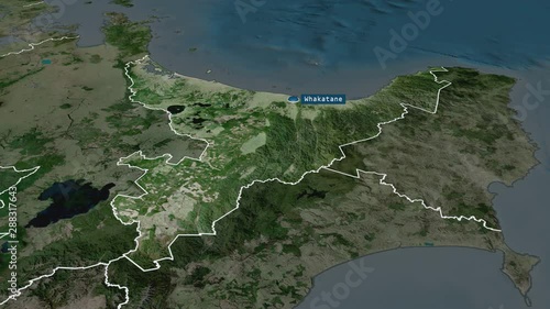 Bay of Plenty - regional council of New Zealand with its capital zoomed on the satellite map of the globe. Animation 3D