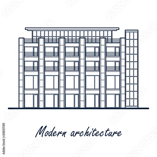 Modern architecture. Public building. Front view. Dark blue outline drawing. 