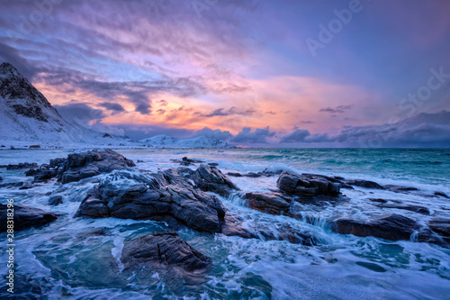 Norwegian Sea waves on rocky coast of Lofoten islands, Norway