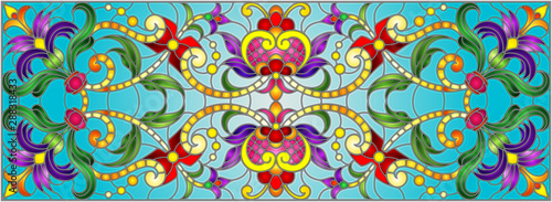 Illustration in stained glass style with abstract  swirls,flowers and leaves  on a blue background,horizontal orientation