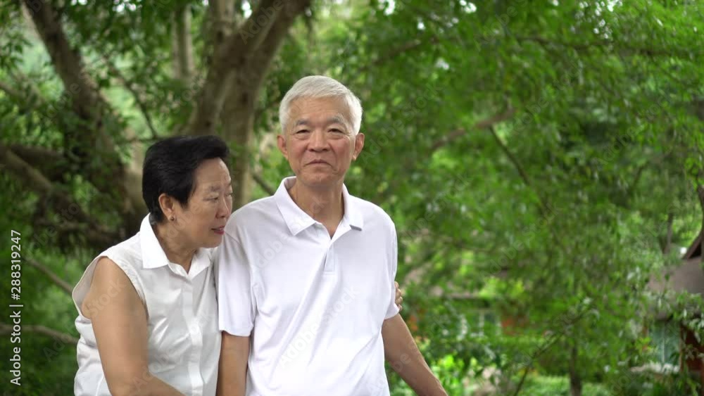 Asian senior couple smiling happy in green tree background Asian senior couple smiling happy in green tree background