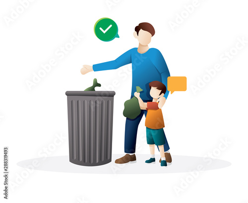 Father and little son throwing garbage into a trash can together. Little boy throws a garbage into the trash can. The concept of caring for the environment and sorting garbage. Vector illustration