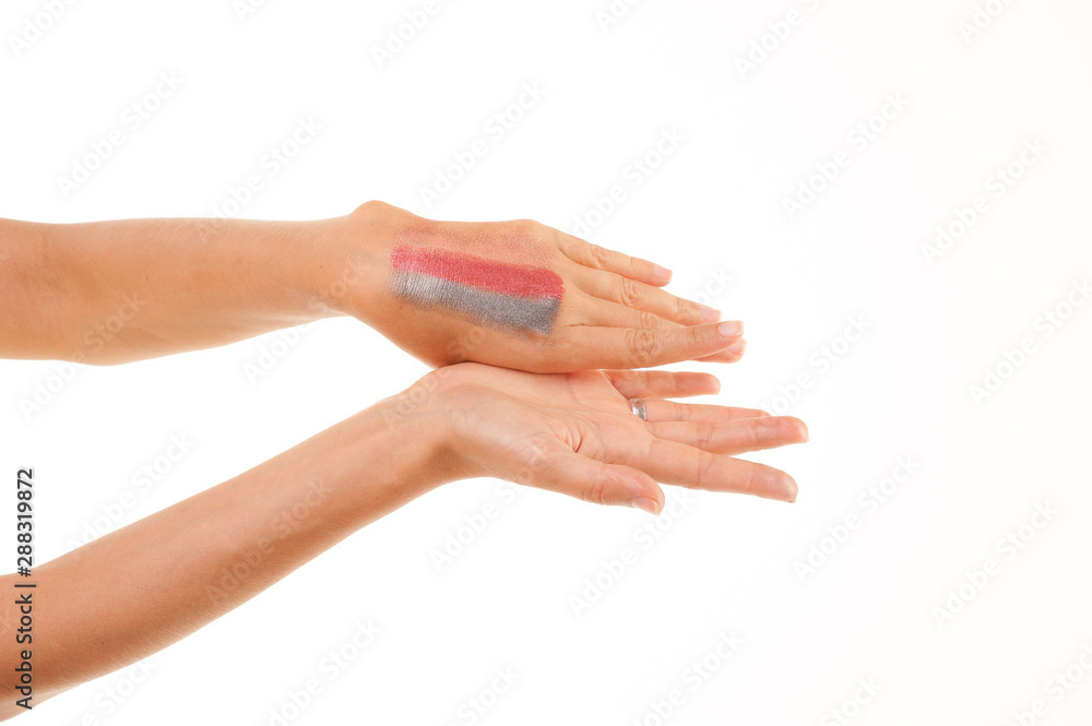 Cosmetic powder on woman hand isolated on white background. Cosmetic powder on woman hand isolated on white background.