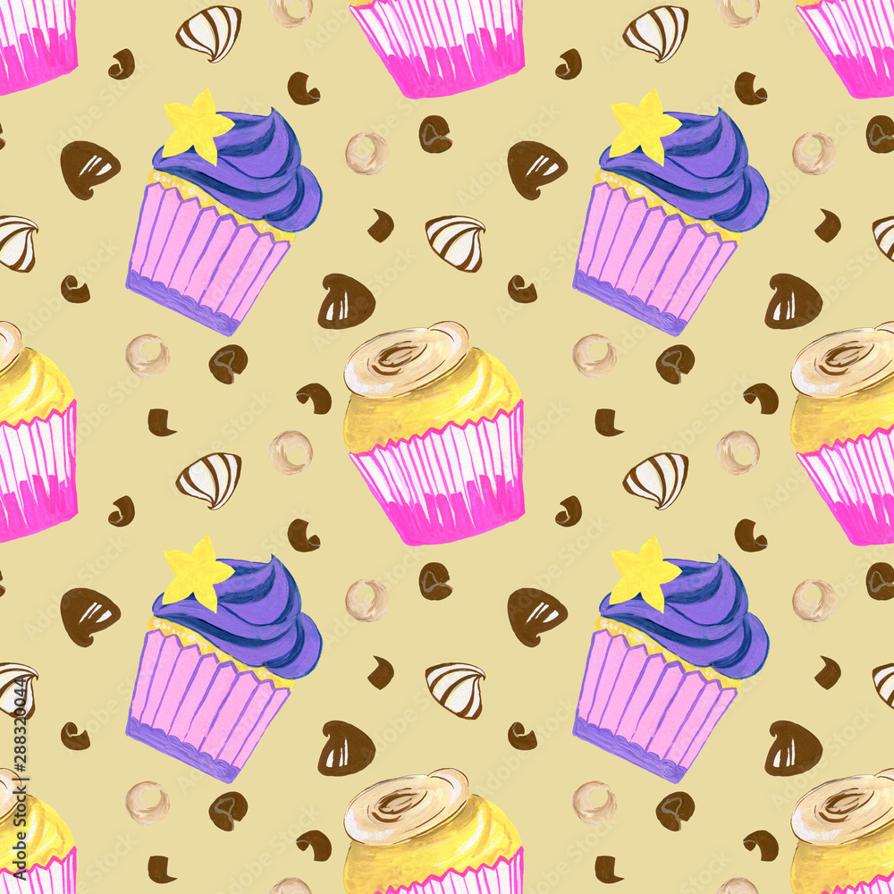 Little sweet delicious Buttercream cupcakes sprinkle and chocolate set watercolor gouache doodle art hand drawn seamless pattern Little sweet delicious Buttercream cupcakes sprinkle and chocolate set watercolor gouache doodle art hand drawn seamless pattern