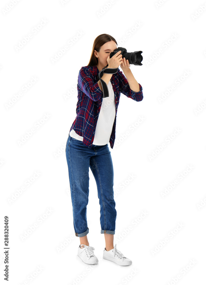 Professional photographer taking picture on white background Professional photographer taking picture on white background