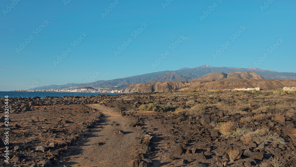 Arid volcanic landscape of Malpais de la Rasca, a natural reserve close to Palm-Mar town, with views towards Atlantic Ocean and the tourist resort Los Cristianos, in Tenerife, Canary Islands, Spain