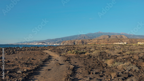 Arid volcanic landscape of Malpais de la Rasca  a natural reserve close to Palm-Mar town  with views towards Atlantic Ocean and the tourist resort Los Cristianos  in Tenerife  Canary Islands  Spain