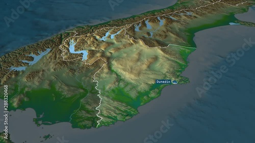 Otago - regional council of New Zealand with its capital zoomed on the physical map of the globe. Animation 3D