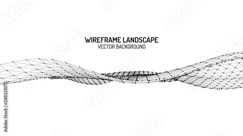 Vector retro futuristic background. Abstract digital landscape with particles dots and stars on horizon. Wireframe landscape background. Big Data Digital retro landscape Retro Sci-Fi Background.