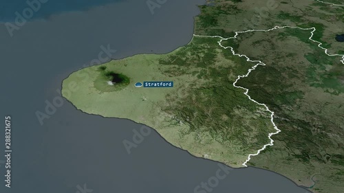 Taranaki - regional council of New Zealand with its capital zoomed on the satellite map of the globe. Animation 3D