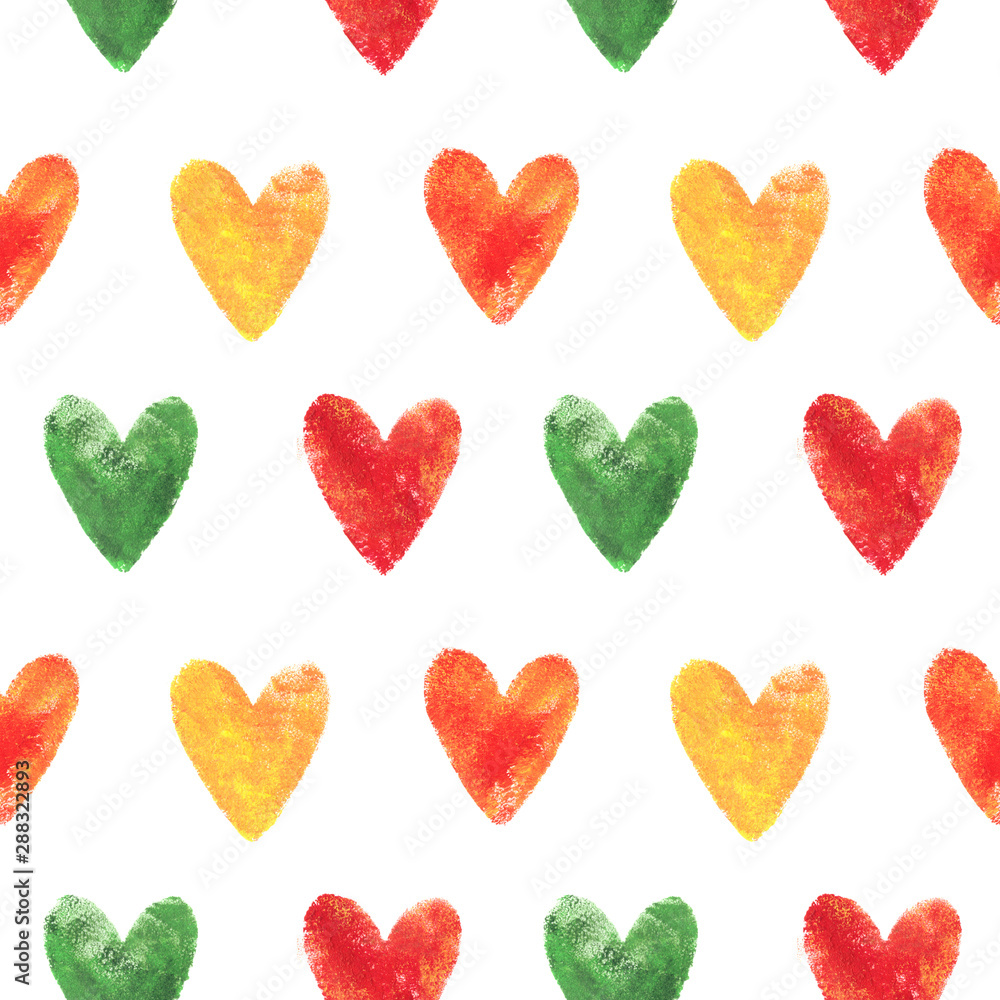Pattern with colored hearts with watercolor paints. Background for textiles, packaging, notebooks, paper.