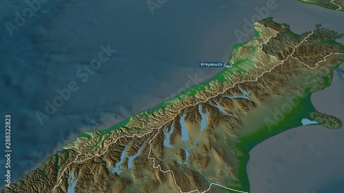West Coast - regional council of New Zealand with its capital zoomed on the physical map of the globe. Animation 3D