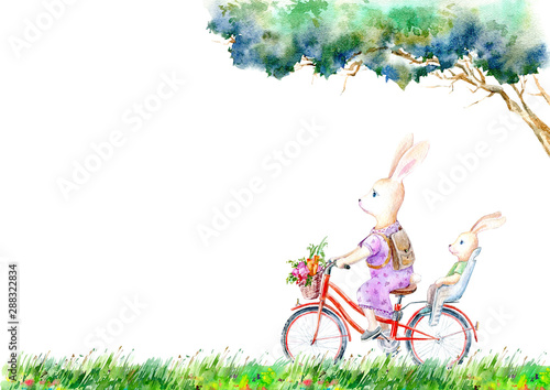 Hare and leveret on a bicycle and flowers meadow.Summer picture.Mother rabbit with baby. White background.Watercolor hand drawn illustration.