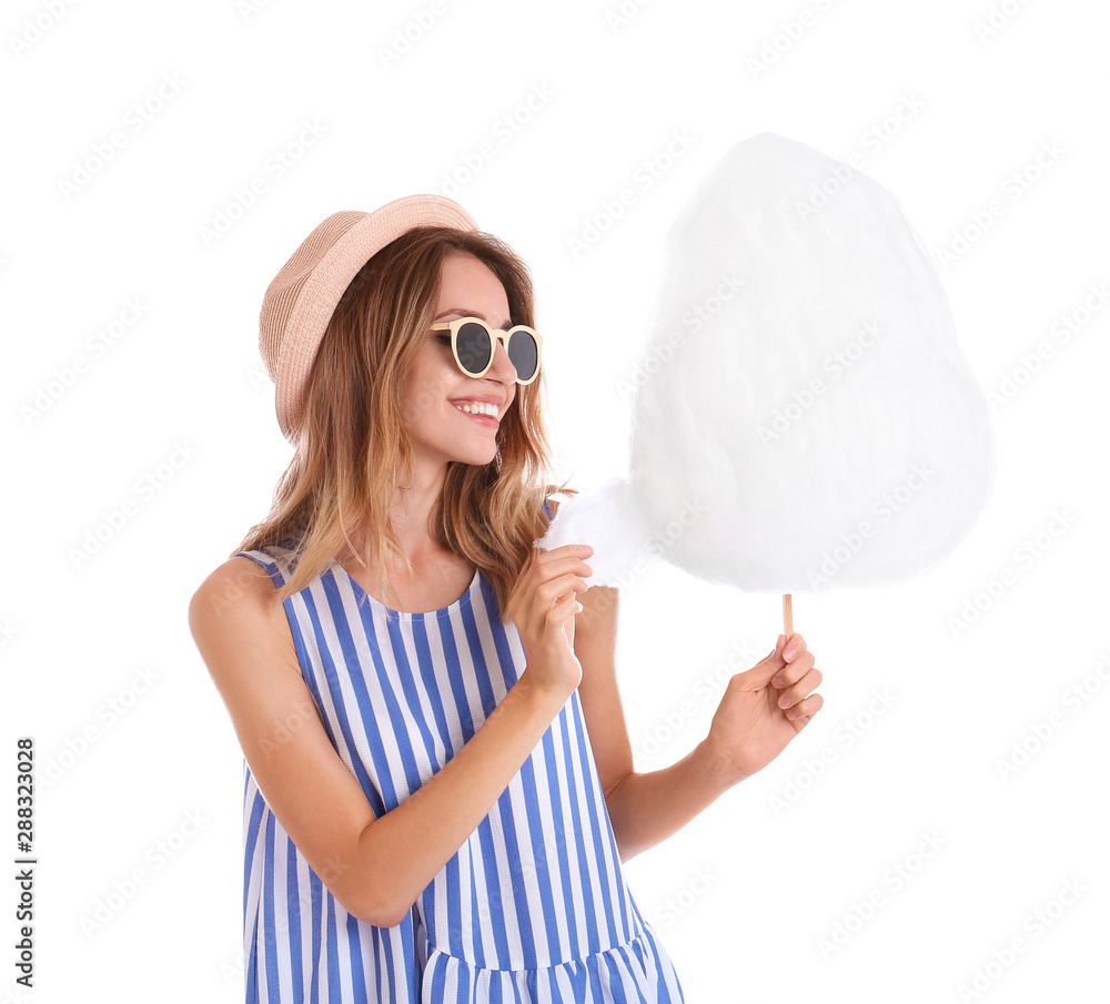 Happy young woman with cotton candy on white background Happy young woman with cotton candy on white background