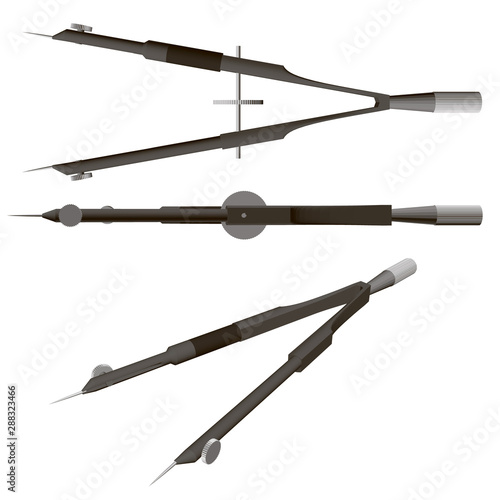 Set with compasses. Top view, isometry. Measuring instruments. 3D. Vector illustration.
