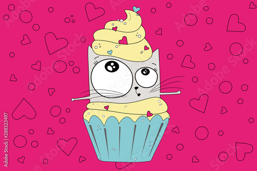 Vector sketch of a ginger cat flying and dancing in a cupcake with cream on a pink background.