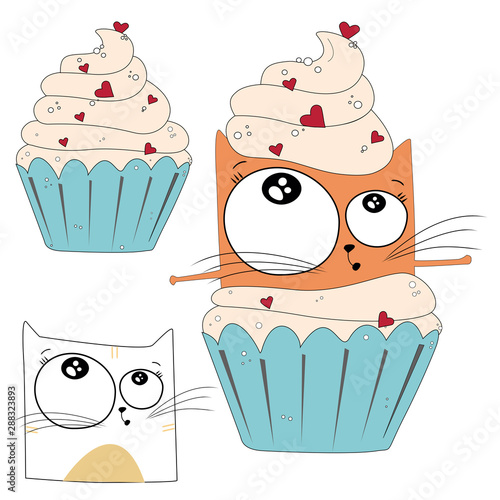 Set Vector sketch of a ginger cat flying and dancing in a cupcake with cream