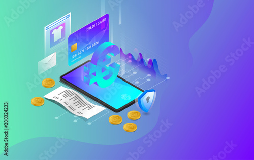 Mobile Banking, Online Banking, E-Banking System, Online Payment System, Use Mobile Banking Application, Modern Technology, Perform Transaction, Vector Illustration, Euro