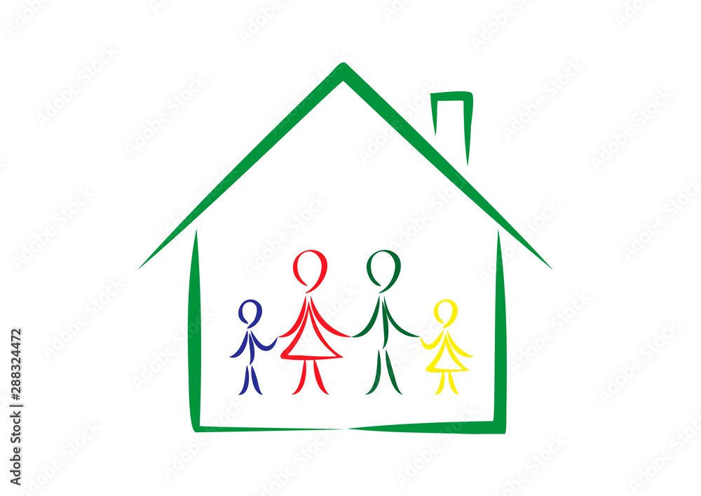 family simple color doodles in a house isolated on a white background, horizontal vector illustration family simple color doodles in a house isolated on a white background, horizontal vector illustration