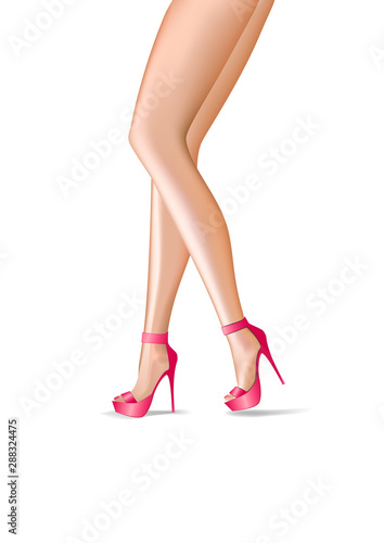 beautiful smooth woman legs in a high heels stands, isolated on a white background, vertical vector illustration