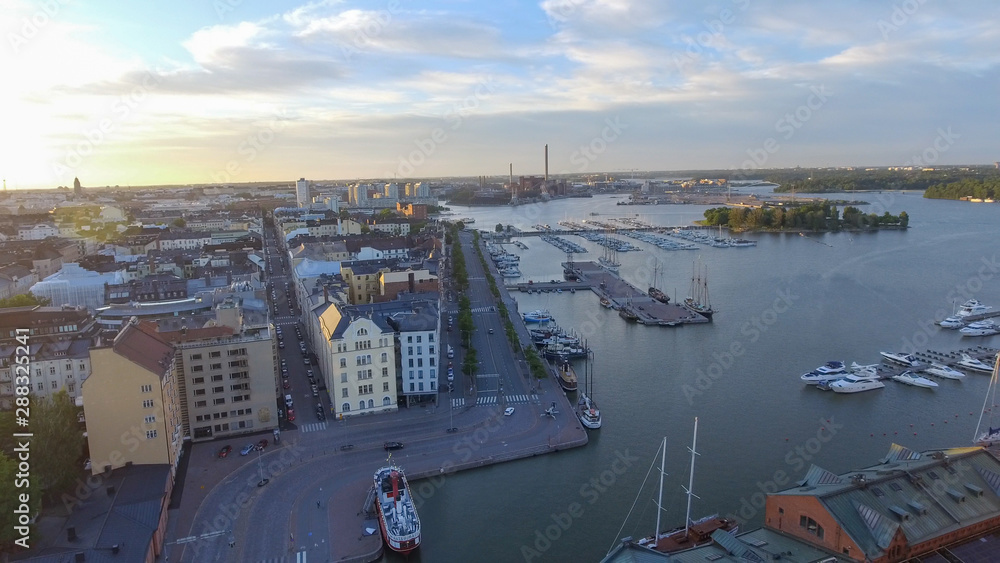Helsinki aerial panoramic view at sunset, Finland