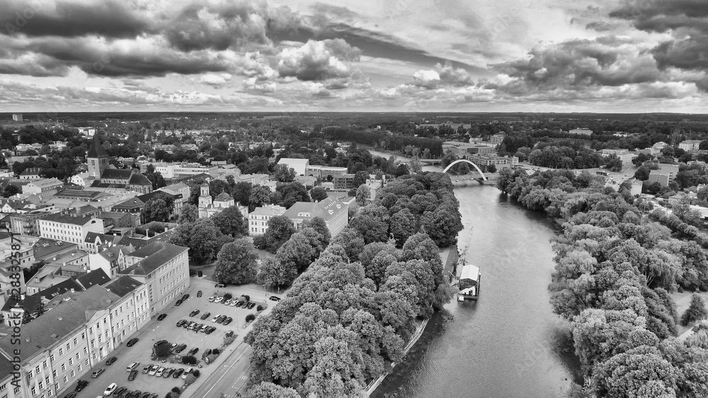 Aerial view of Tartu skyline on a cloudy summer day