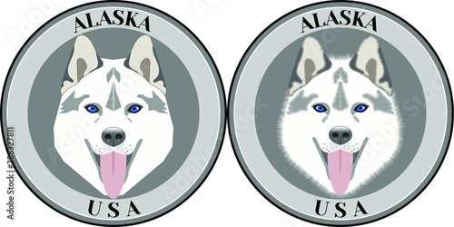 Alternative Seal of Alaska. The head of a bright dog with blue eyes