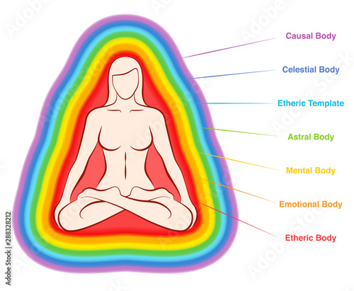 Aura bodies. Rainbow colored labeled layers of a female body. Etheric, emotional, mental, astral, celestial and causal layer. Isolated vector illustration on white background. photo