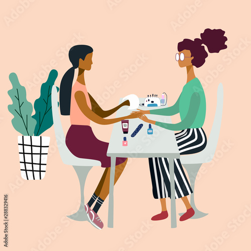 Manicurist or girl  performing manicure and her client surrounded by tools and cosmetics for nail care. Beauty salon. Colorful vector illustration in flat cartoon style.