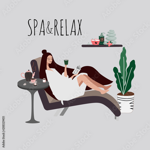 young girl is reading book, drinking tea and relaxing  in spa salon. Beauty salon, wellness center poster, banner. Hand drawn concept of beauty. Vector illustration.