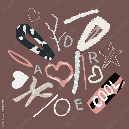 Collection of trendy hair accessories on dark background. Stylish geometric hairpins and hair clips with pearls. Every element isolated. Vector illustration for beauty salon concept, print, banner,.
