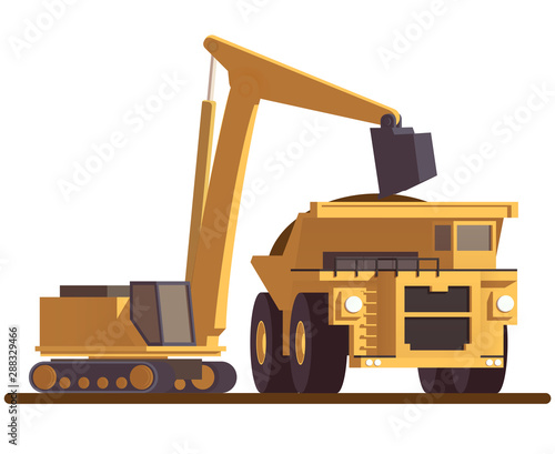 Vector flat mining dump truck loading from excavator. Isolated white background