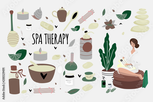 Set of doodle spa elements and  woman reading magazine after aromatherapy, honey therapy, body care, Thai massage, meditation. Beauty salon, wellness center poster, banner. Vector illustration.