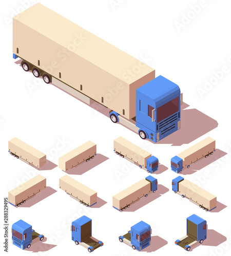 Vector isometric truck with semi-trailer. Icons set in four views with different shadows. Isolated white background