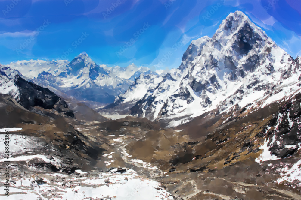 Stunning Himalaya mountains. Sagarmatha National Park in the Nepal. Watercolor style.