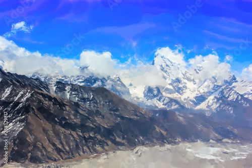 Stunning Himalaya mountains. Sagarmatha National Park in the Nepal. Watercolor style.