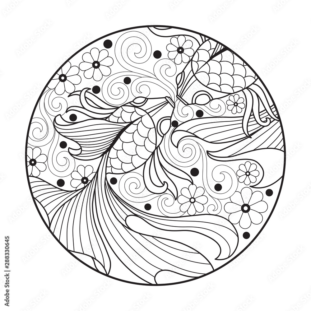 Hand drawn sketch illustration of goldfish for adult coloring book. Hand drawn sketch illustration of goldfish for adult coloring book.