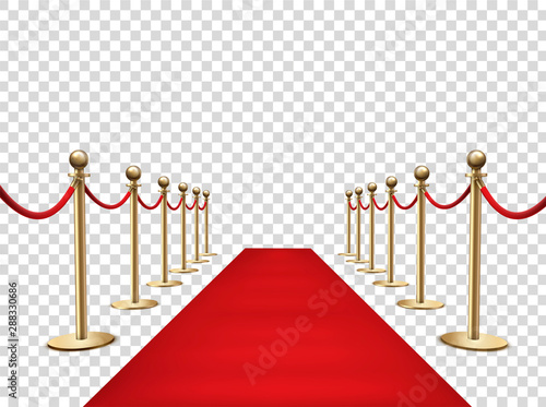 Red carpet and golden barriers realistic 3d vector illustration