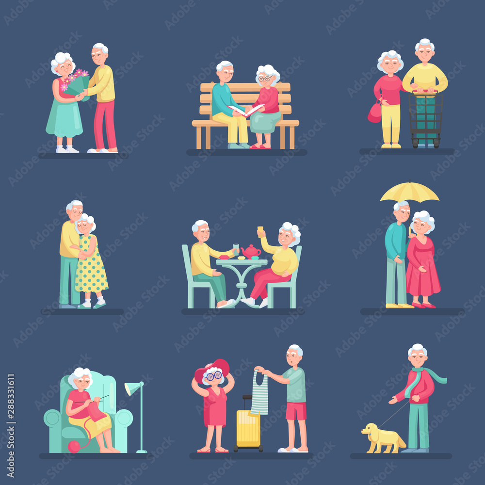 Couple old senior man and woman in different situations set. Grey haired couple old people together cartoon vector isolated on light background.