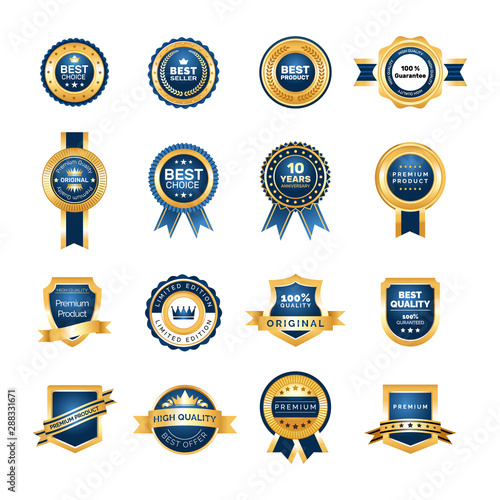 Luxury gold badges quality labels premium set.