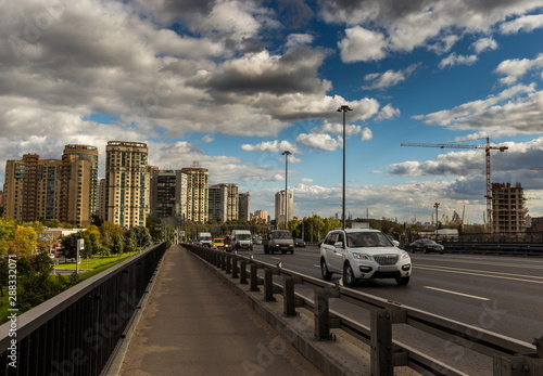 Traffic in the city during the day. Leningradskoye highway. Moscow. Russia.