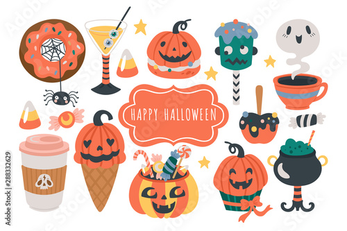 Halloween holiday cute food and drinks set.