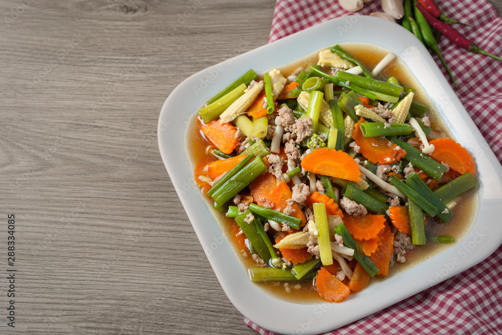 Sauteed mixed vegetables in oyster sauce with minced pork Sauteed mixed vegetables in oyster sauce with minced pork