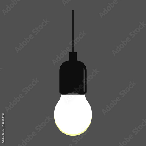 Hanging light bulb in grey background. Flat style. 