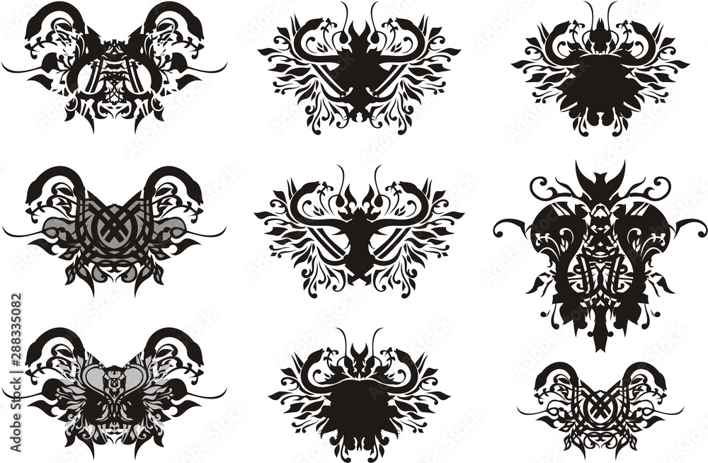 Naklejka premium Tribal snakes and floral elements. Floral twirled snakes symbols in the butterfly form on a white background for your design