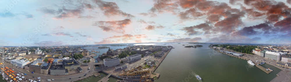 Helsinki aerial panoramic view at sunset, Finland