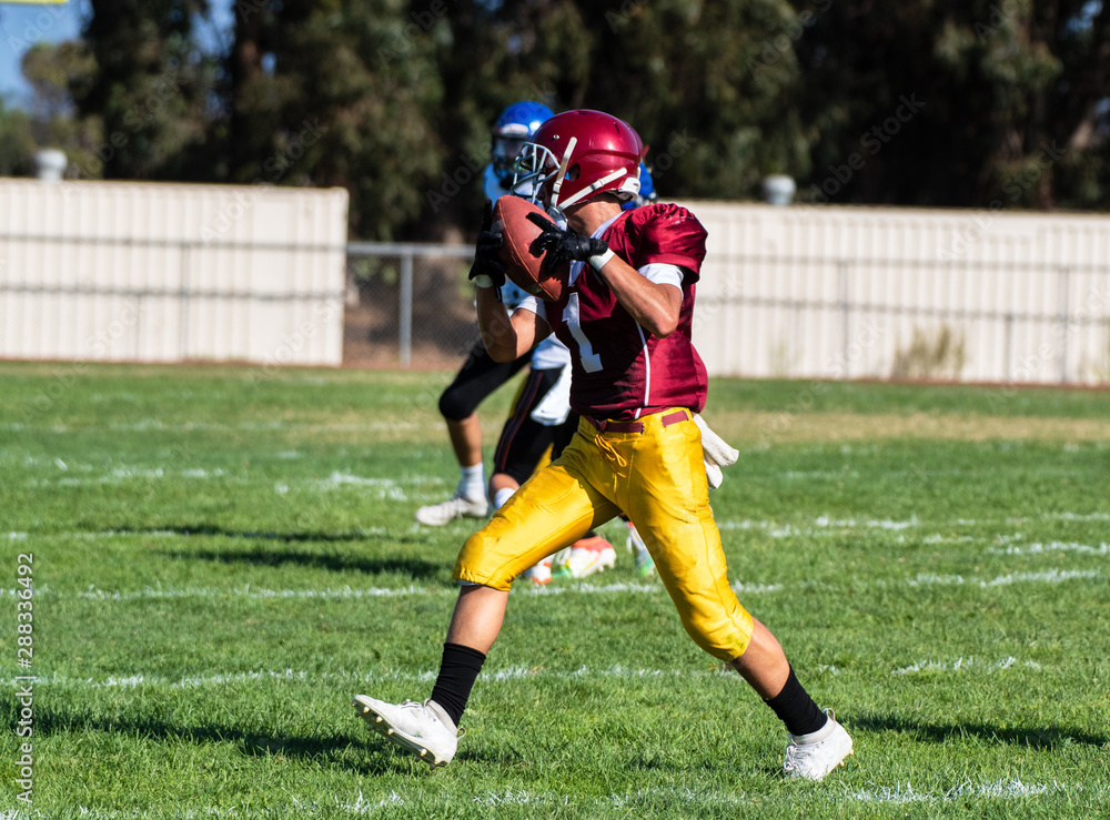 Offensive football wide receiver number one catches the ball and now looks down the field while attempting to score a touchdown with defensive player looking on. Offensive football wide receiver number one catches the ball and now looks down the field while attempting to score a touchdown with defensive player looking on.