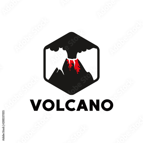Volcano vector illustration. Nature disaster eruption with smoke, lava, clouds in the sky. Flat design logo template. Outdoor adventure.